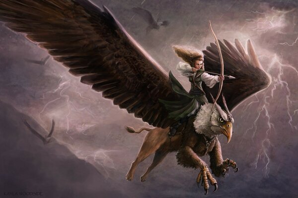 Archer girl on a griffin against the background of a thunderstorm