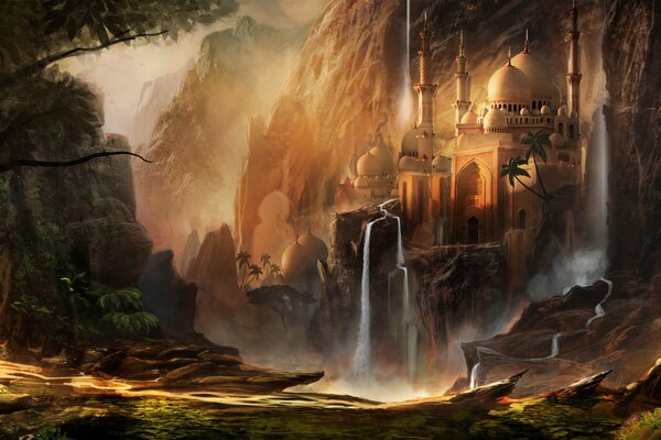 A fantasy-style picture with a castle, mountains and a waterfall