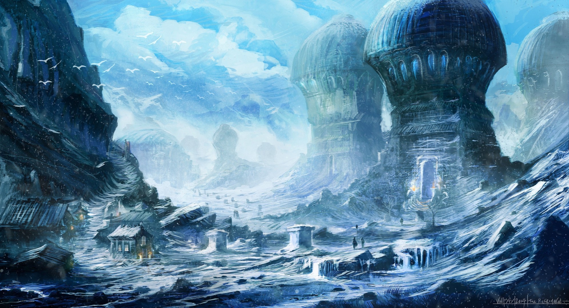 maisons temple art ciel neige science-fiction hiver