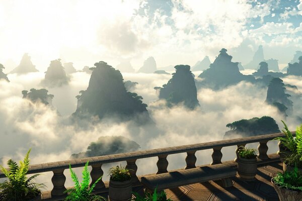 Balustrade sur le chant avec des rochers dans les nuages