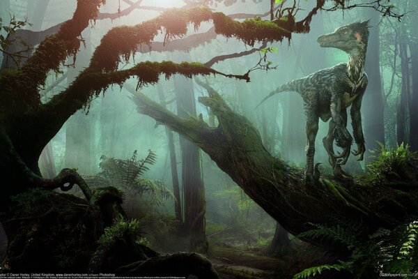 A dinosaur stands on a branch in the forest