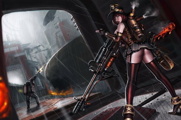 Immagine di una ragazza Steampunk in gonna corta e calze