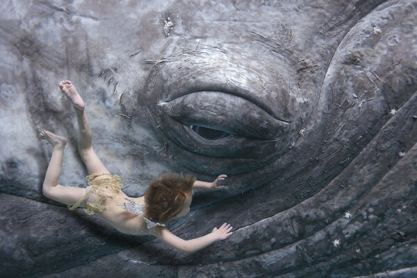 A child under water near the huge eye of an incomprehensible creature