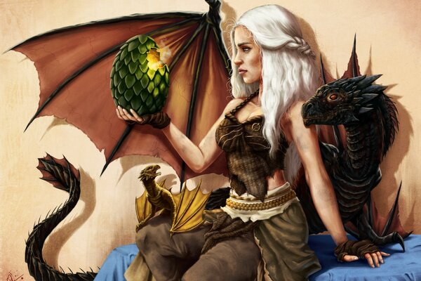 Image of Daenerys from the Game of Thrones with a dragon egg in her hand