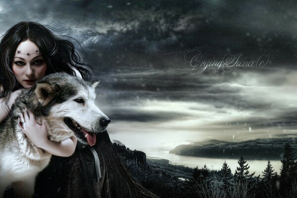 A gloomy picture of a girl with a wolf dog