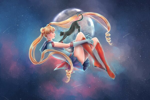 Sailor Moon mit einer Katze auf einem Mondhintergrund