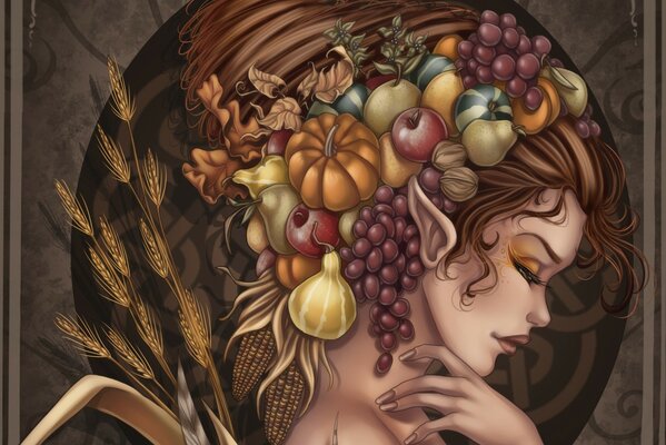 Elfe avec une coiffure complexe de cheveux et de fruits