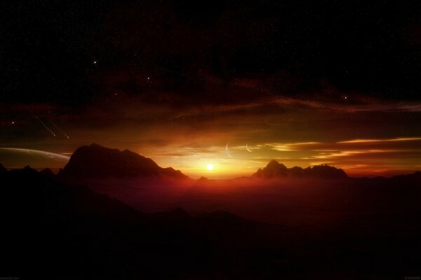 Sunrise on the planet in the mountains