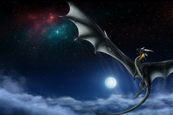 The dragon flies against the background of a dark sky and a full moon