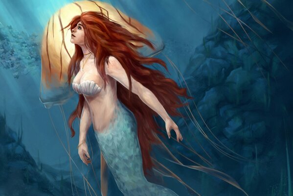 Beautiful sea mermaid in the sea with red hair