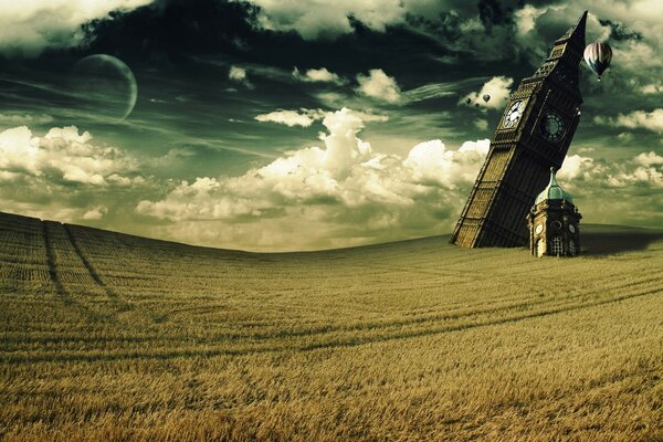 A ruined Big Ben in a field of wheat