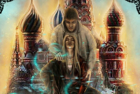 A magical couple against the background of the Kremlin