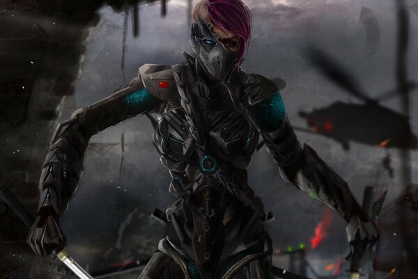 A cyborg with a sword in battle. Rise of the Machines