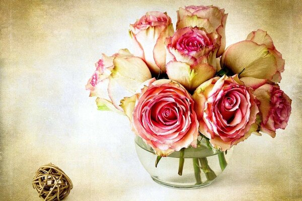 Watercolor still life with roses in a transparent vase