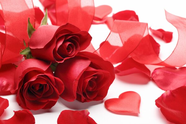 Scarlet roses with ribbons and hearts