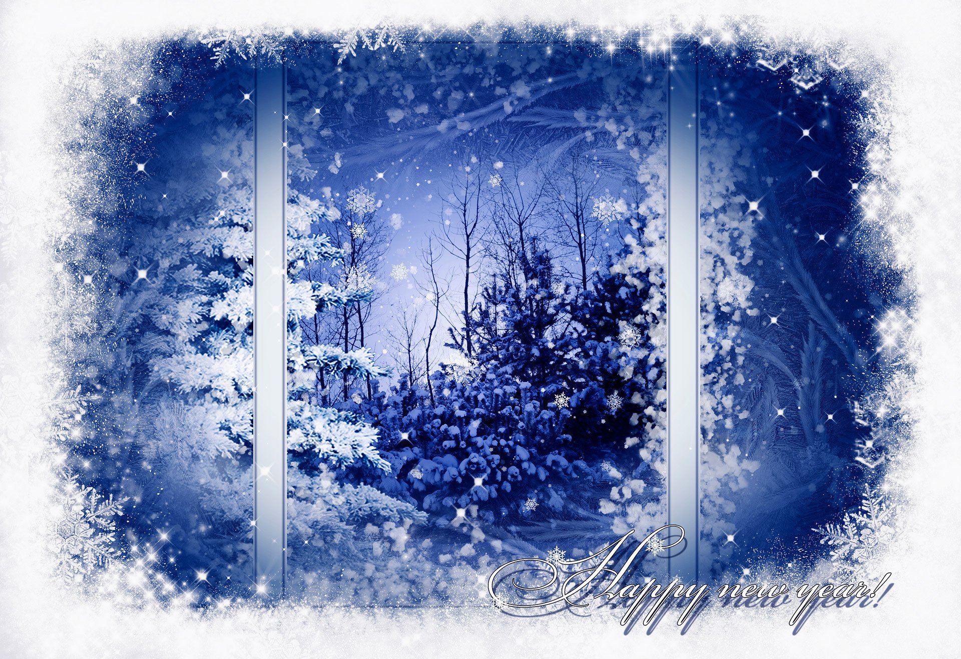 happy new year snowflakes pattern winter trees tree snow window