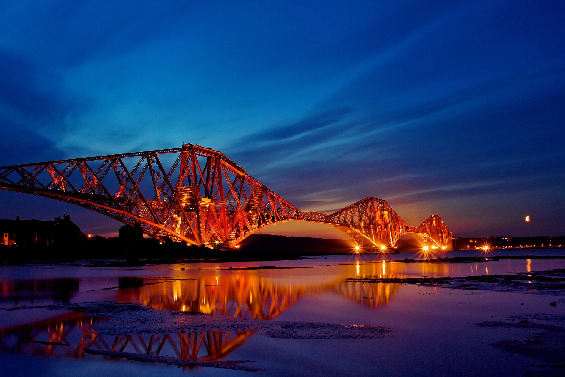 ciudad puente noche luces escocia reflexión puesta de sol