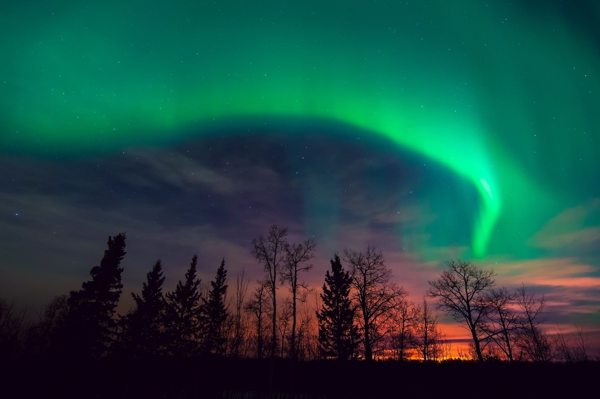 nuit coucher de soleil arbres ciel aurores boréales