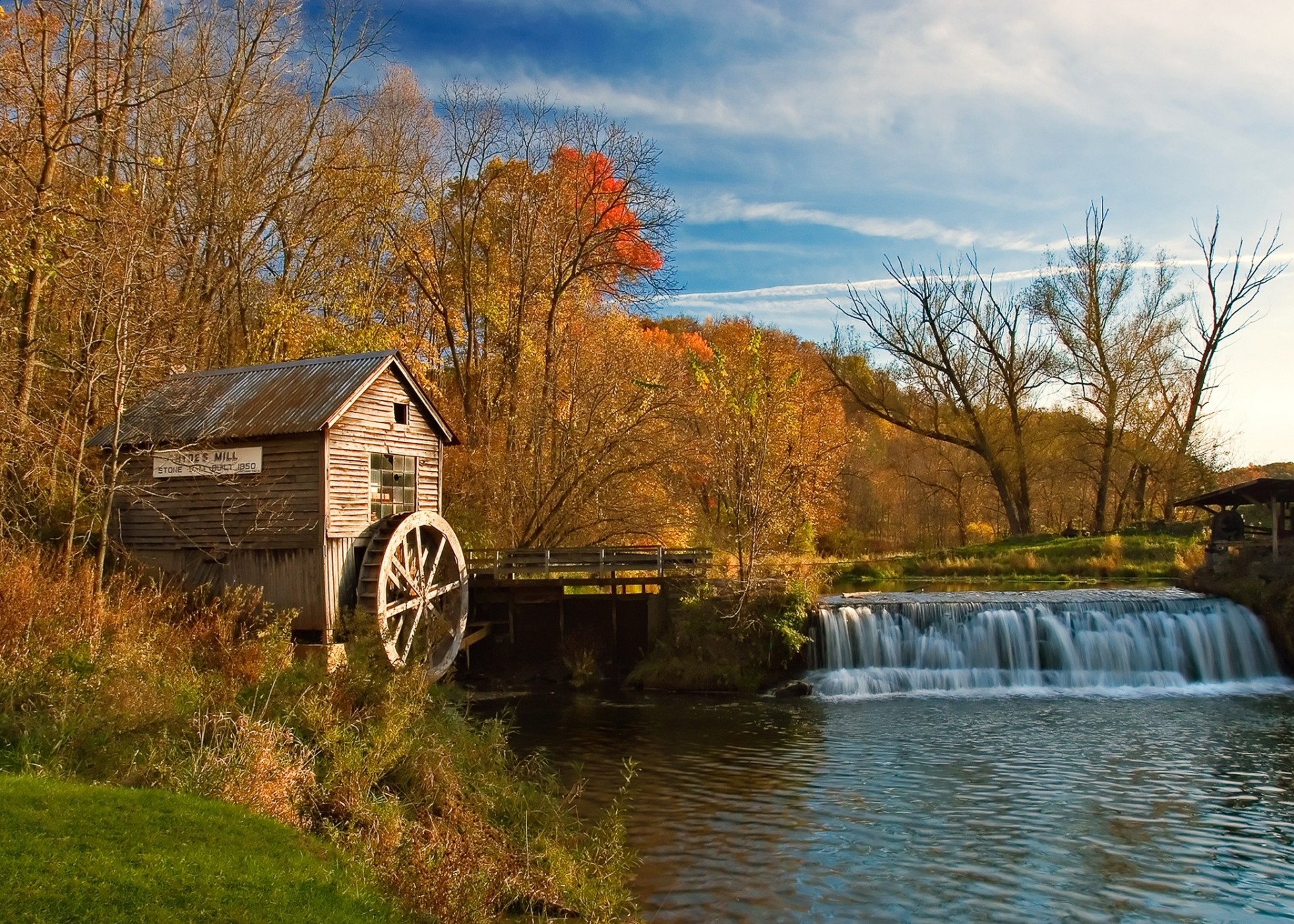 autumn landscape waterfall river mill