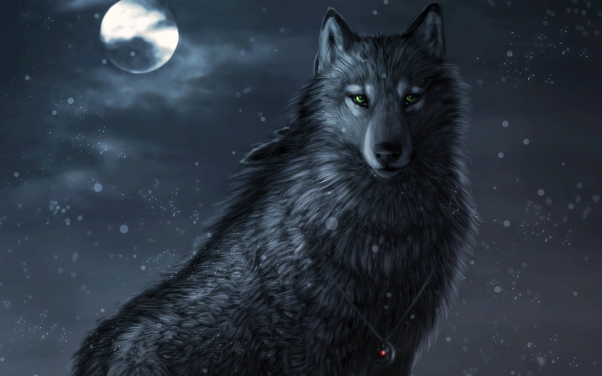 winternacht mond kunst nacht wolf schnee amulett