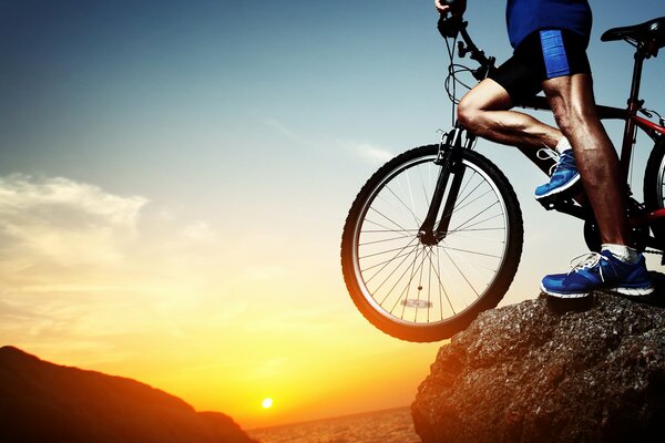 Un hombre con una bicicleta está parado en una montaña