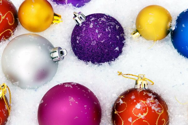 Christmas balls in snow-white snow