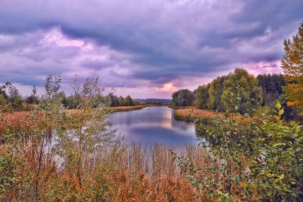 Herbstlandschaft des Flusses und der Bäume