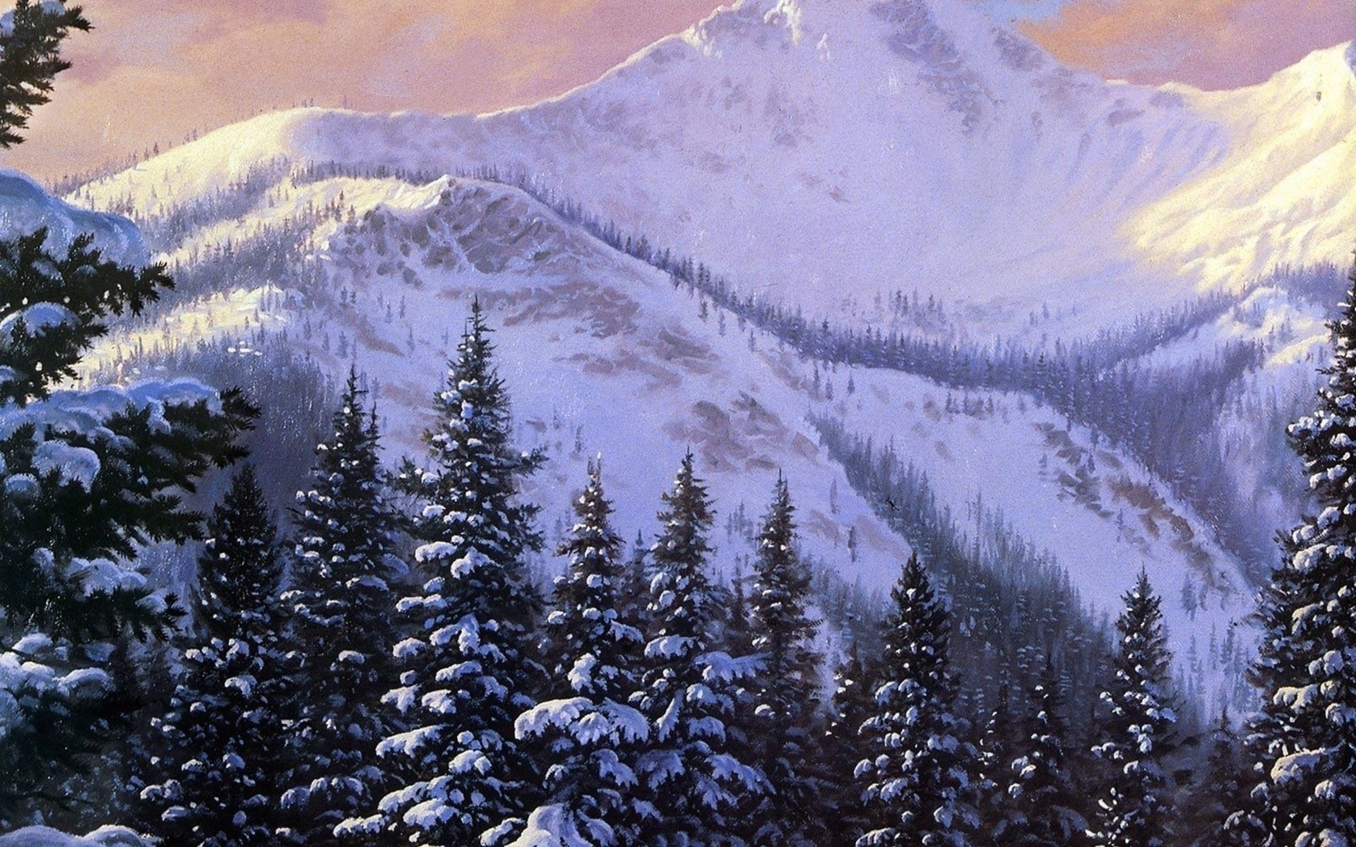 palmiers peinture jour neige montagnes hiver