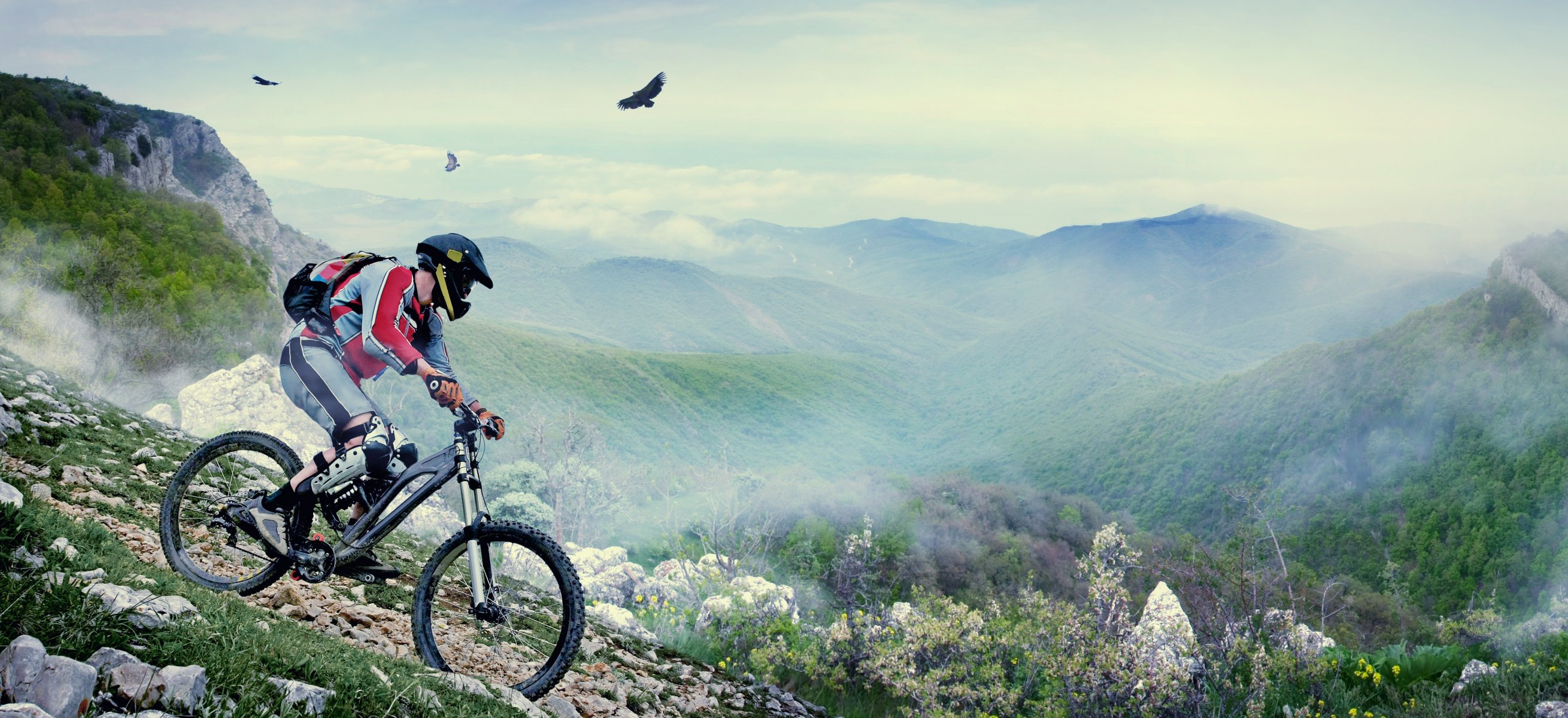 bicicleta hombre casco aves montañas