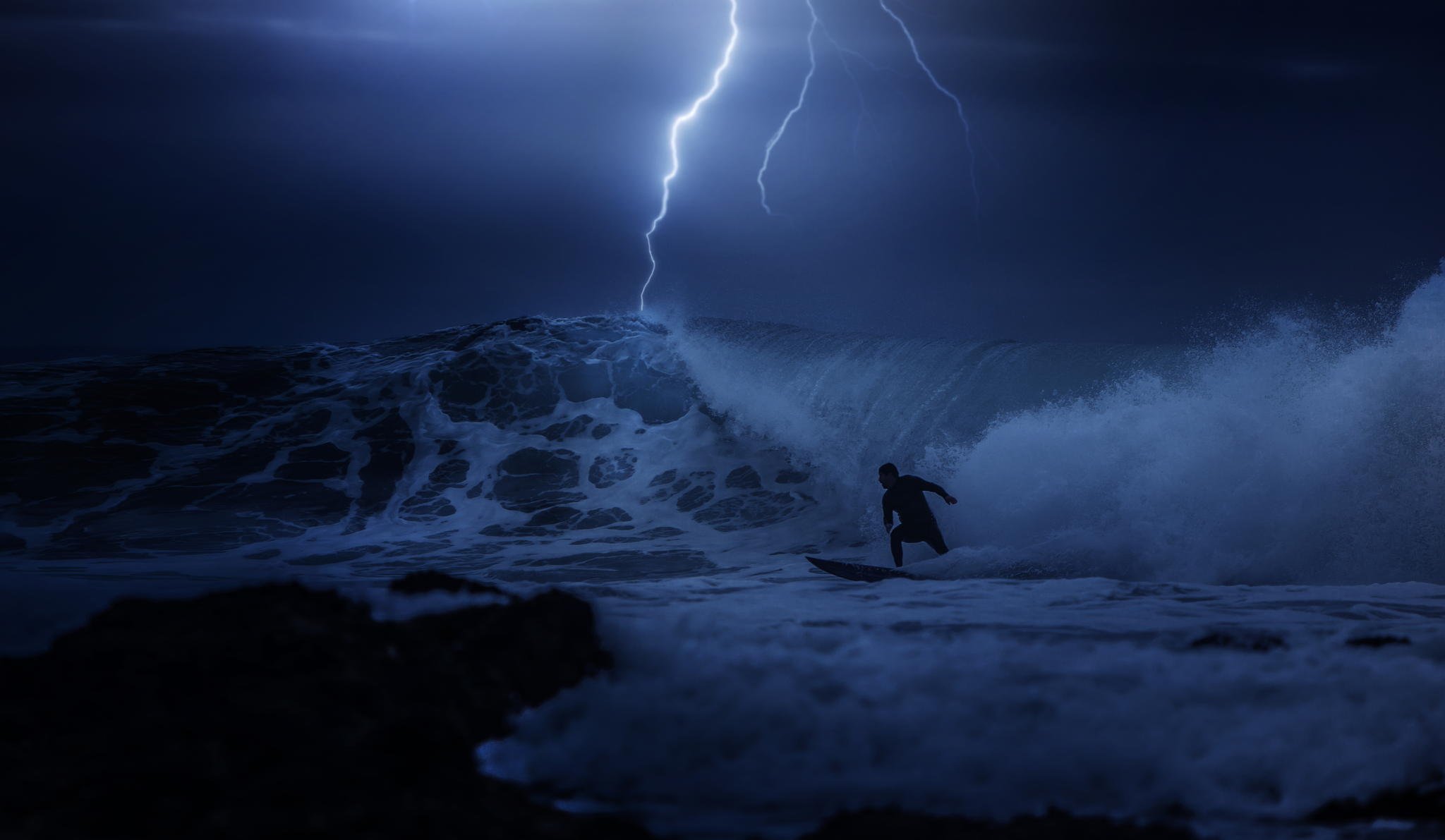 night ocean surfing guy the storm lightning