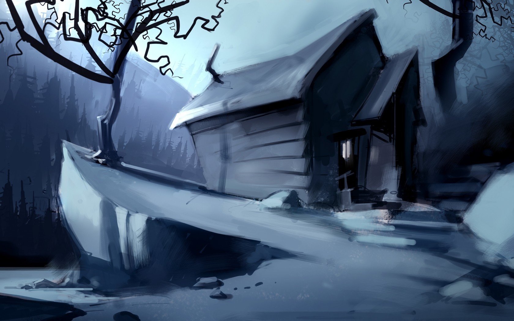 painting house winter loneliness in the darkness forest