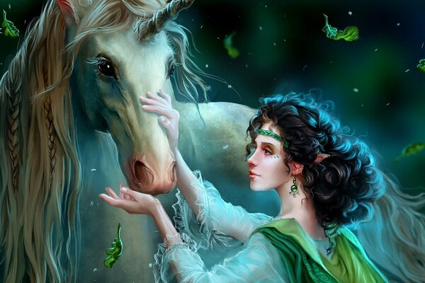 Fairy tale fairy with stroking unicorn