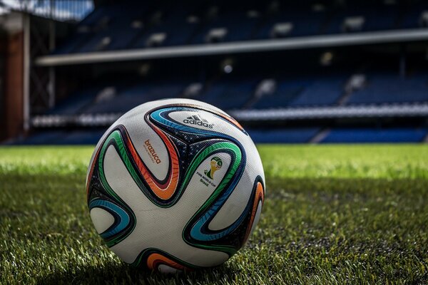 Balón de fútbol en el estadio y el césped verde