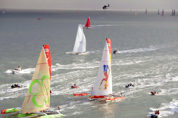 The race of sailboats and yachts at sea