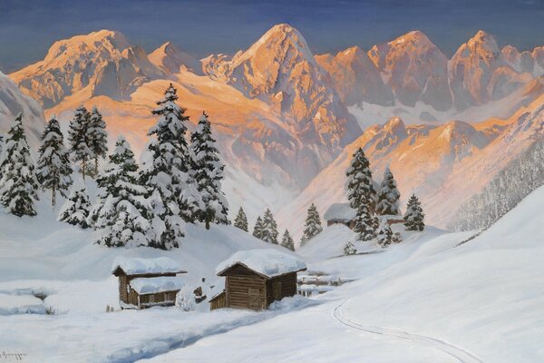 Winter landscape of the house and mountains in the snow