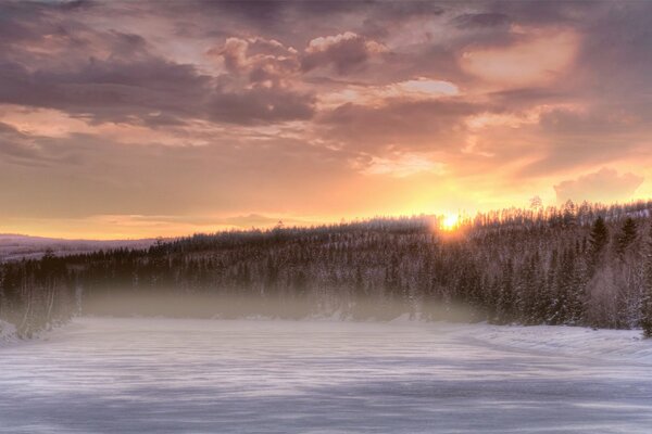 The sun is hiding under the fan sky, descending from the clouds and hiding behind a dark forest