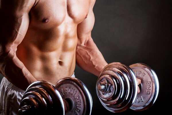 Bodybuilder with dumbbells body and muscles