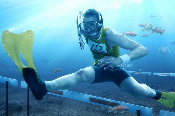 Athlete runner in the water jumps over an obstacle