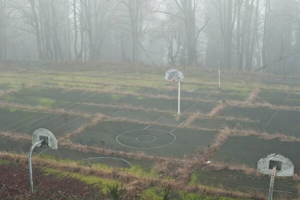 Sports basketball court in the fog