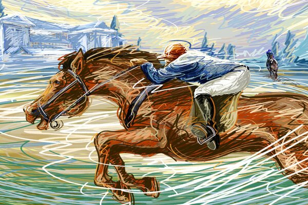 Drawing of a rider and a horse at speed on a racetrack