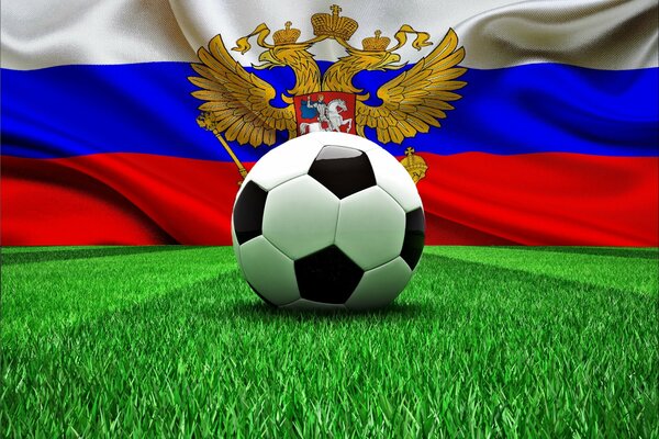 Fußball auf dem Hintergrund der Flagge Russlands