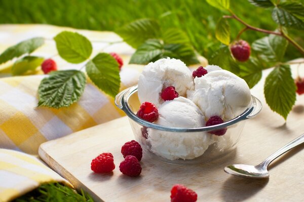 Una delizia al lampone in una giornata calda. Gelato in una bella crema. Colori vivaci dell estate