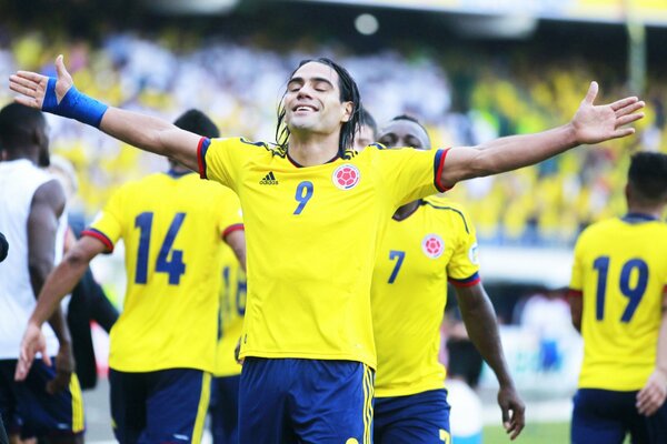 Footballer Radamel Falcao Garcia scored a goal and rejoices