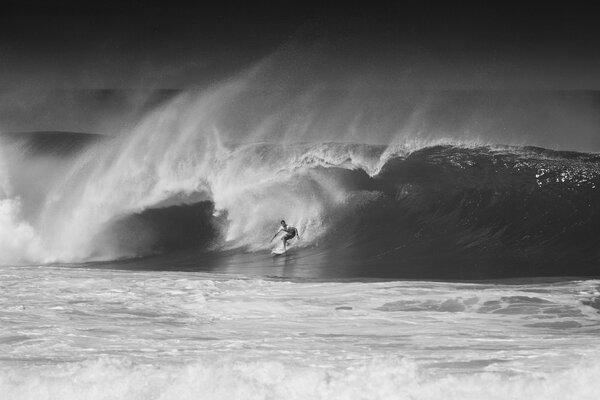 Un surfista en Hawai en el océano atrapó una gran ola. Foto en blanco y negro