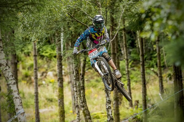 Ciclista en salto durante una carrera en el bosque