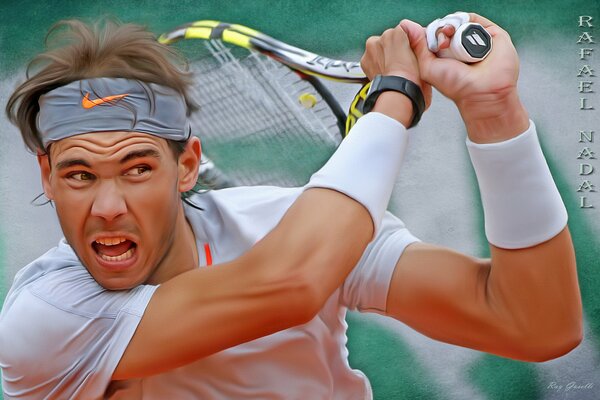 Powerful blow of tennis player Rafael Nadal