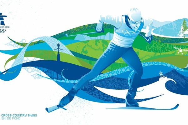 Disegno blu verde dello sciatore come simbolo delle Olimpiadi