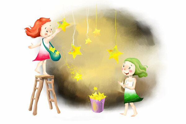 Positive children s drawing with girls collecting stars