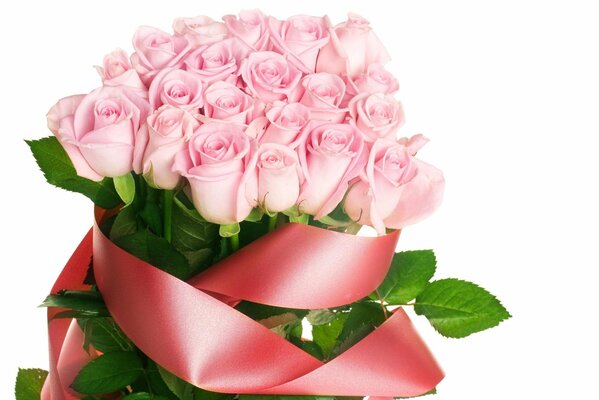 Bouquet of delicate pink roses with ribbon