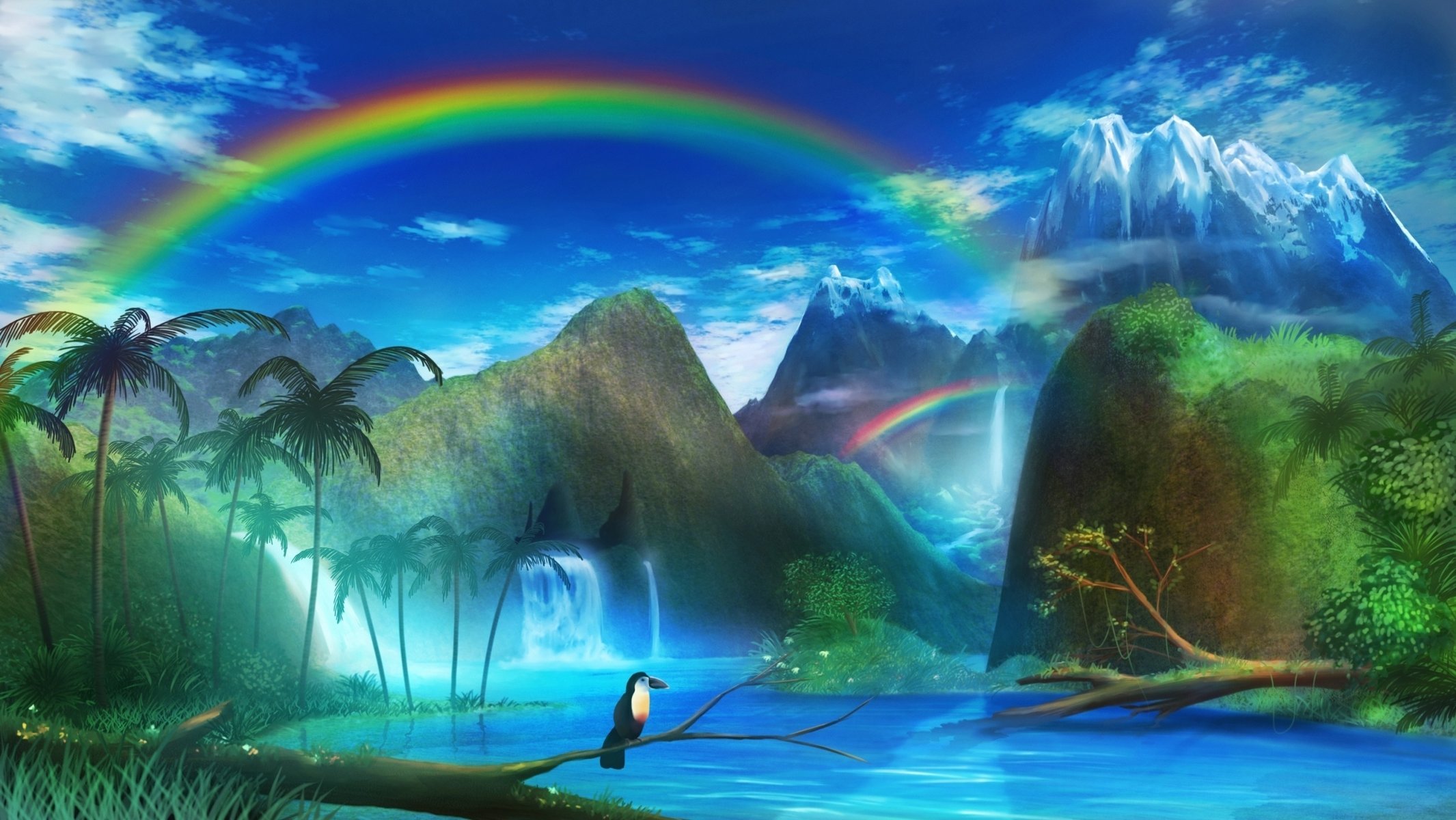 monorisu river mountains rainbow art landscape palm trees bird